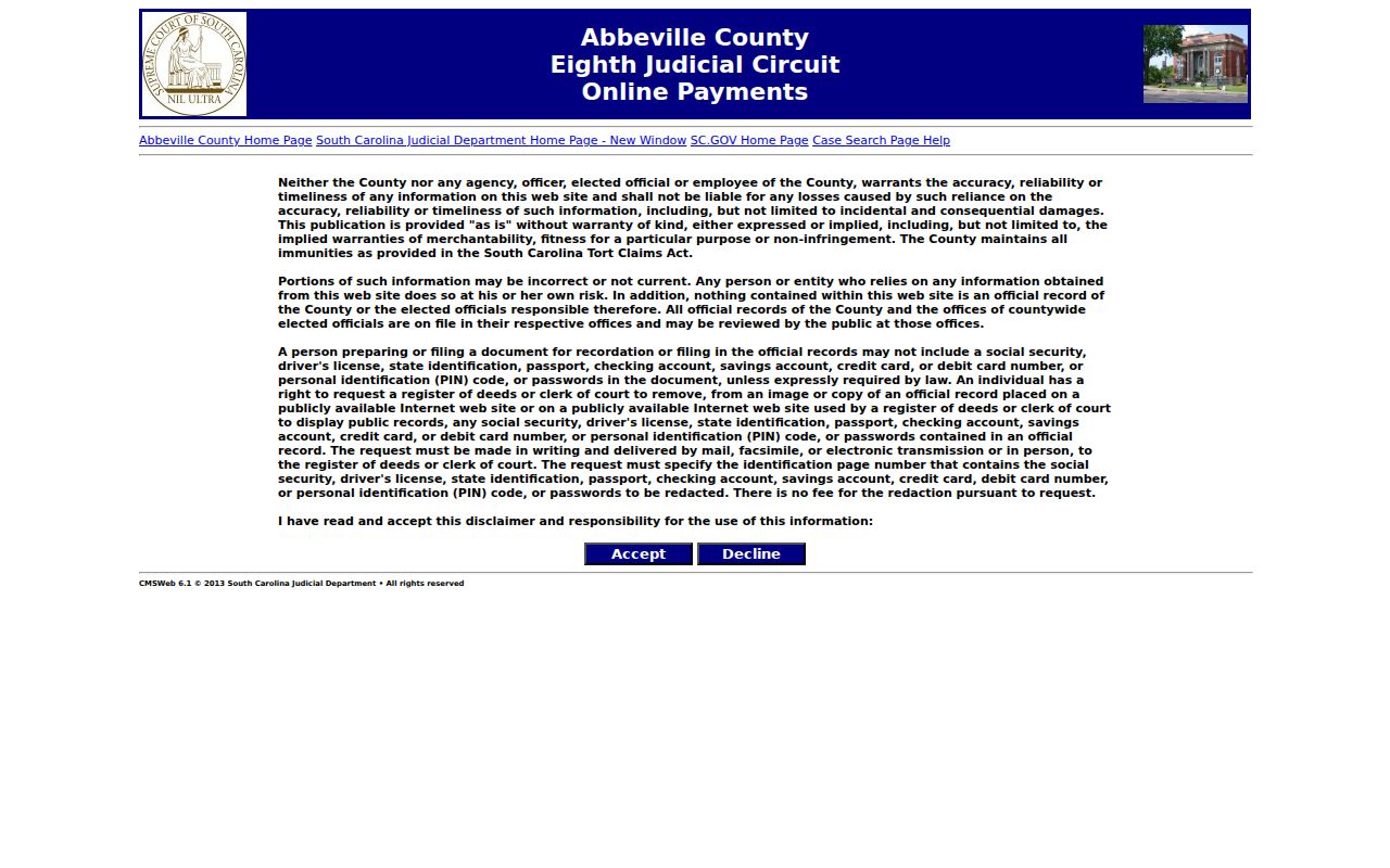 Official Abbeville Magistrate payment portal controls