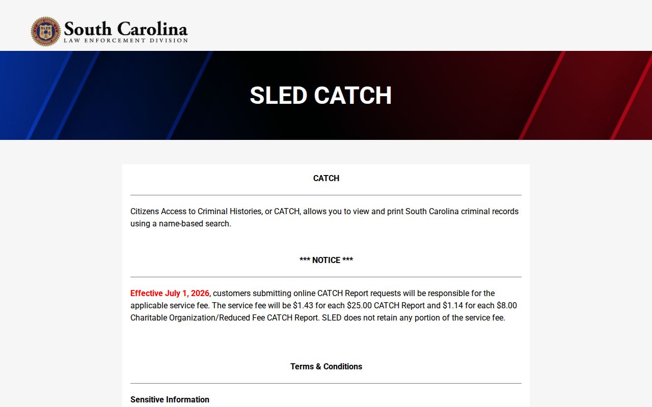 SLED CATCH page showing the criminal-history search terms and wanted-person exclusion