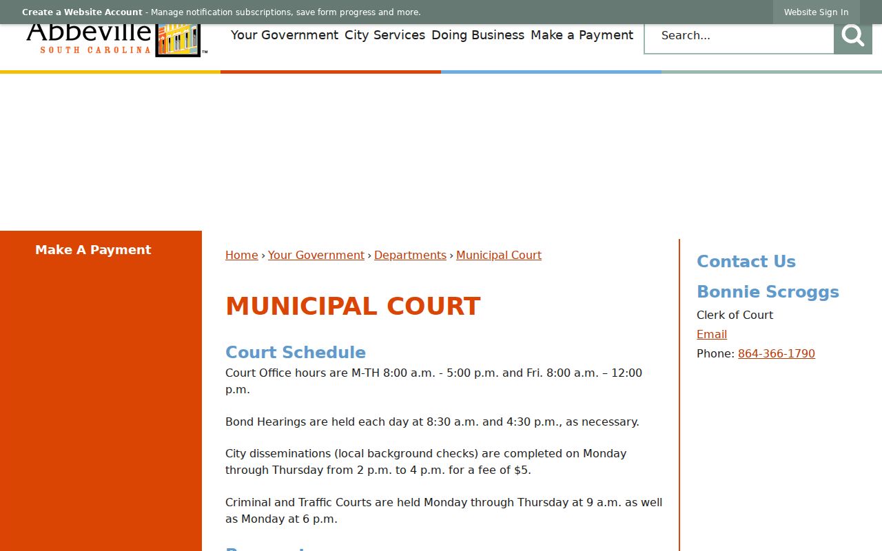 Abbeville City Municipal Court hours, bond times, and payment rules