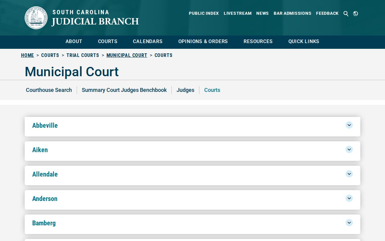 South Carolina court directory with Abbeville County municipal court entries