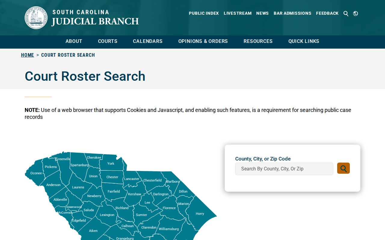 Abbeville roster interface with disclaimer and Court Agency, Roster Type, and Begin Date controls