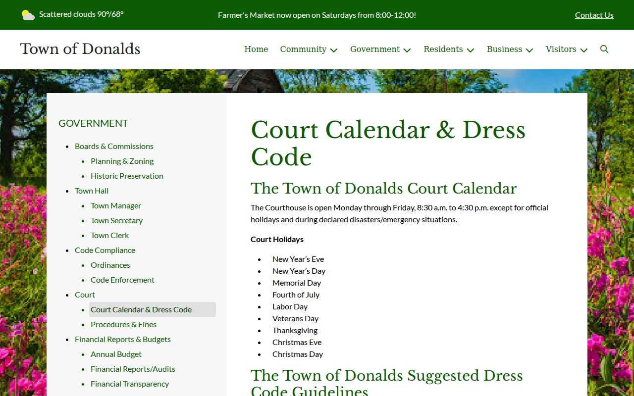 Donalds courthouse hours, holiday notice, and dress-code information