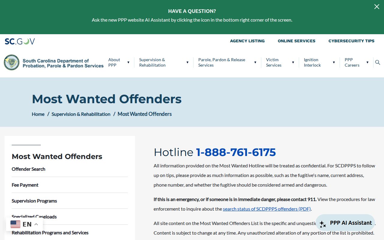 South Carolina state Most Wanted Offenders program listing page