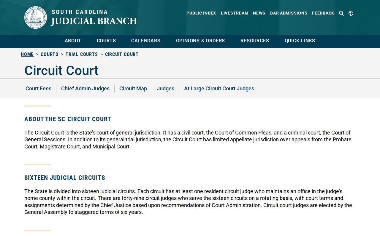 South Carolina Circuit Court information for the General Sessions criminal court