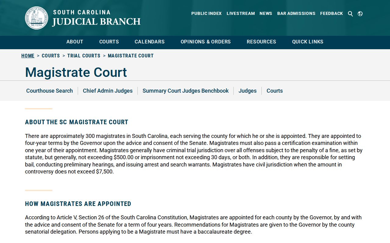South Carolina Magistrate Court jurisdiction and lower-court authority overview