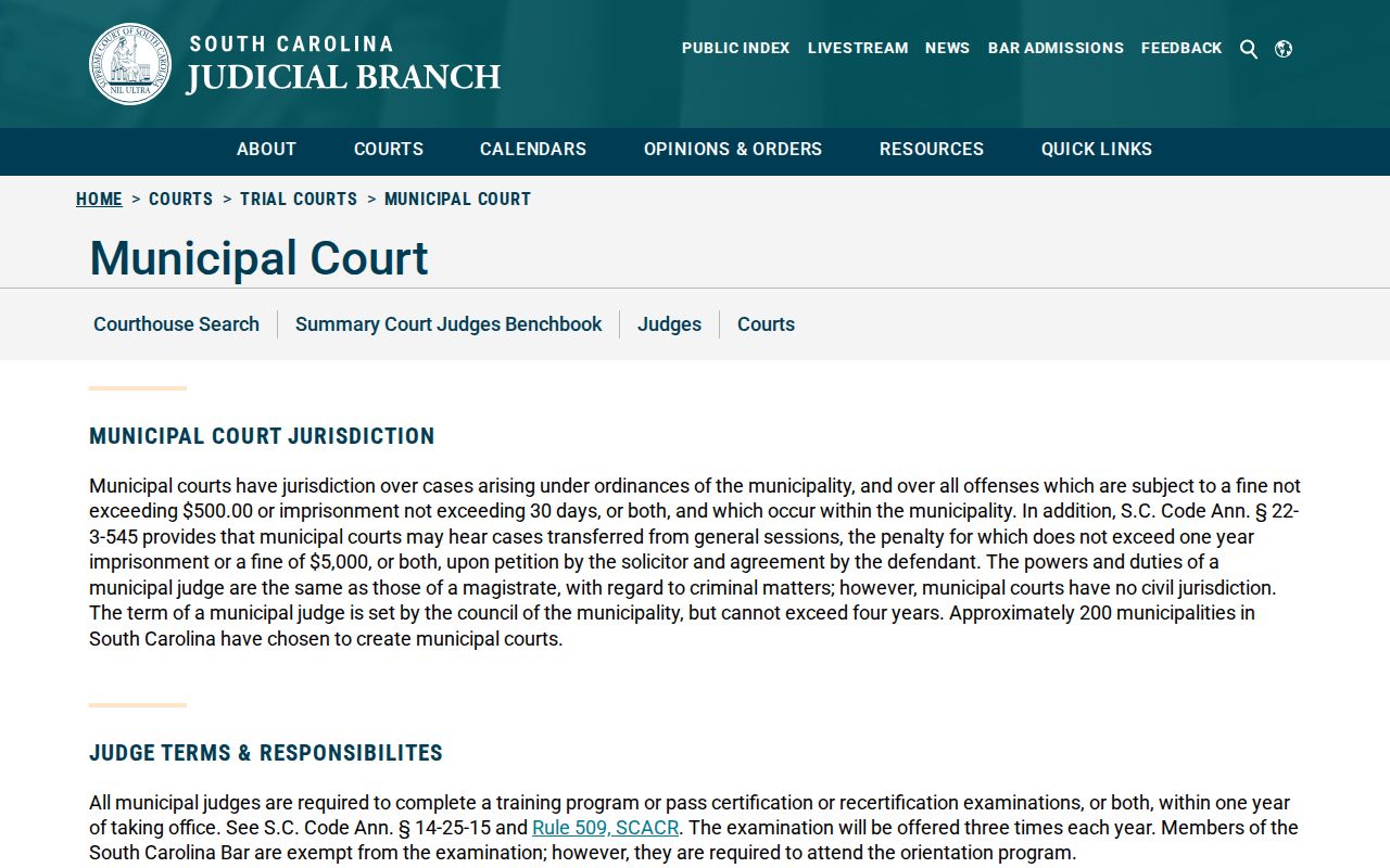 South Carolina Municipal Court jurisdiction and authority overview