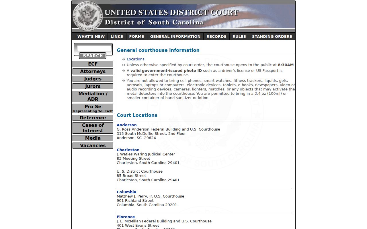 Federal court location and courthouse security information for South Carolina