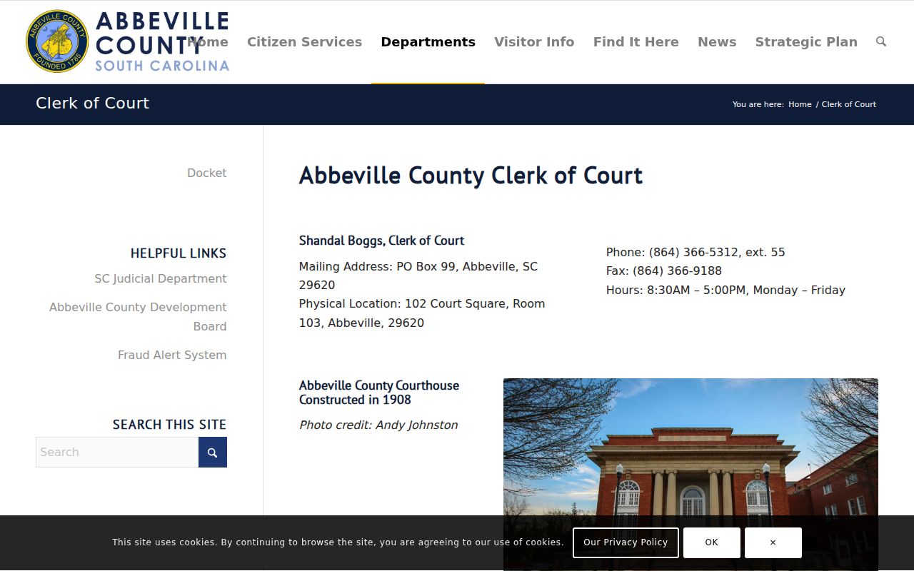 Abbeville County Clerk of Court page describing General Sessions records
