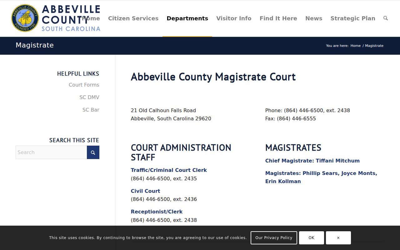 Magistrate Court page describing traffic deadlines, payment, and court appearances