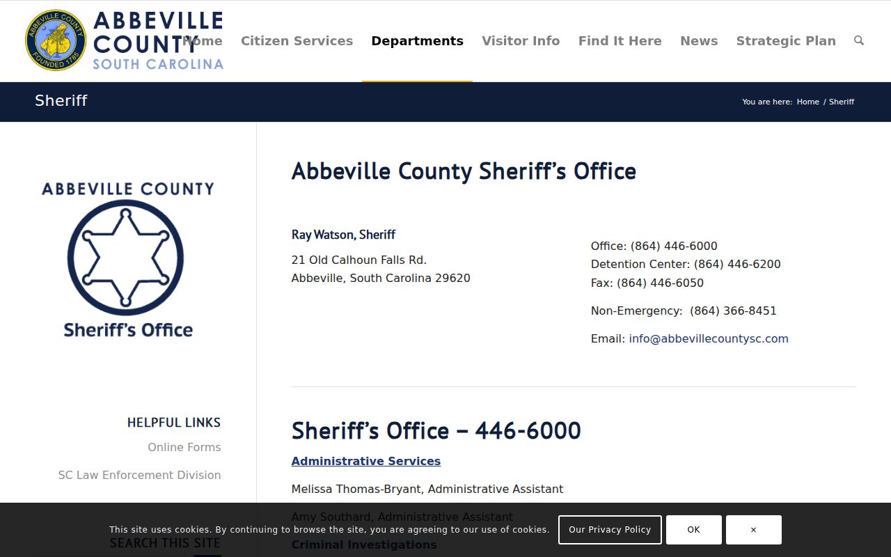 Abbeville County Sheriff's official contact page showing office and detention center information